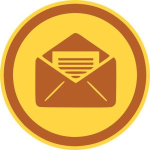 Un logo enveloppe marron sur fond jaune