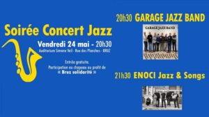 Affiche jaune et bleue du concert avec les photos des groupes Garage Jazz Band et Enoci
