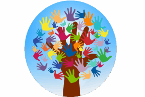 Des mains tendues autour de l'arbre qui symbolisent le volontariat